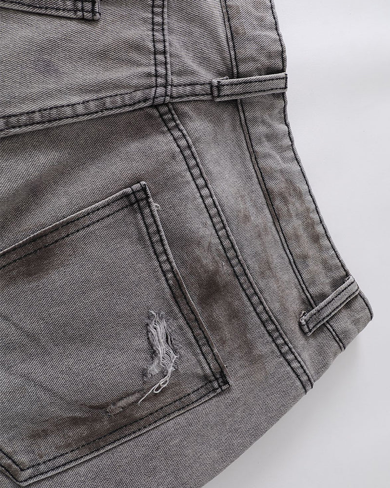 破洞水洗直筒牛仔褲