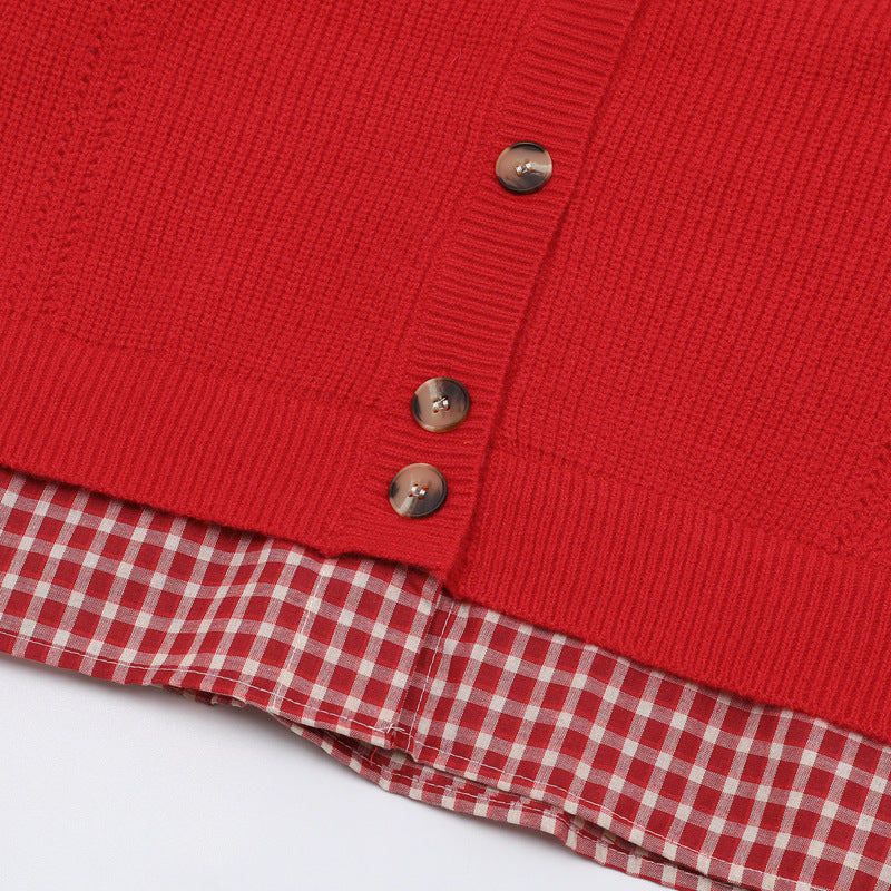 復古短款拼接開衫毛衣