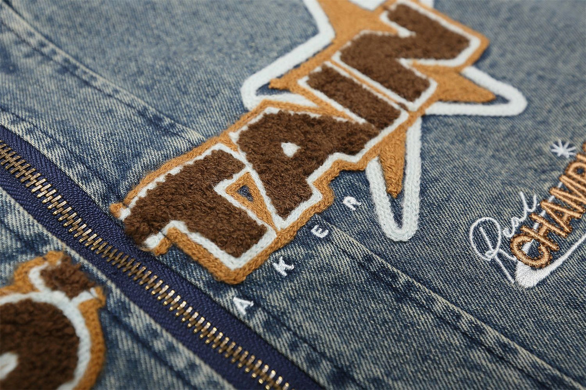 Retro distressed embroidered denim baseball jersey