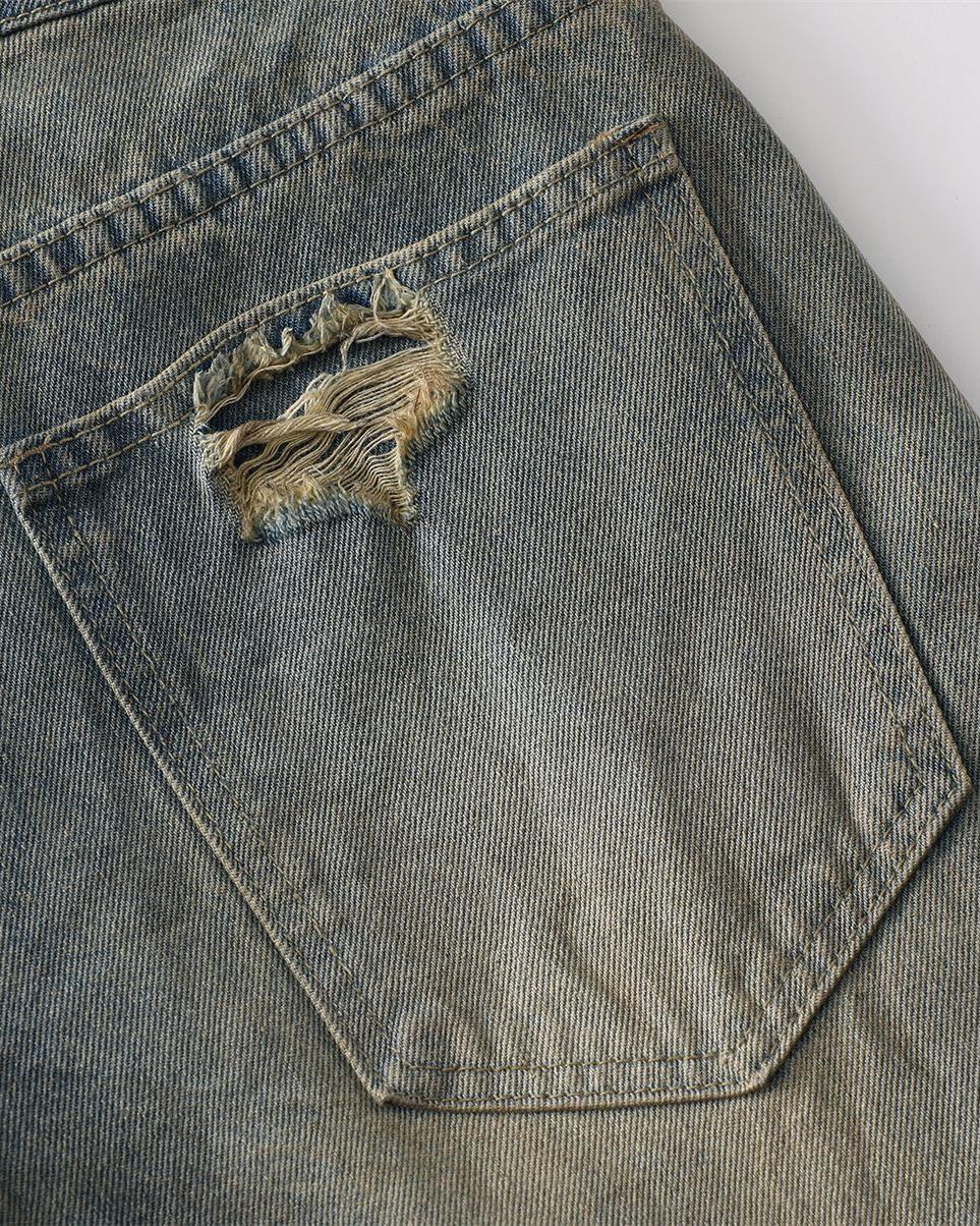 水洗做舊破洞牛仔褲