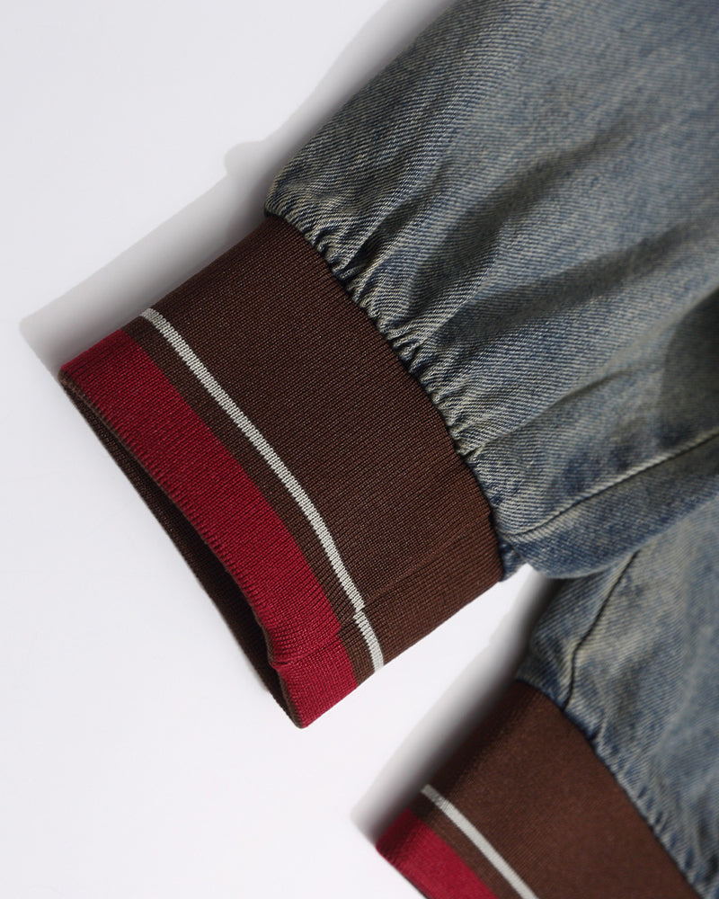 Color-blocked leopard print denim sweatshirt