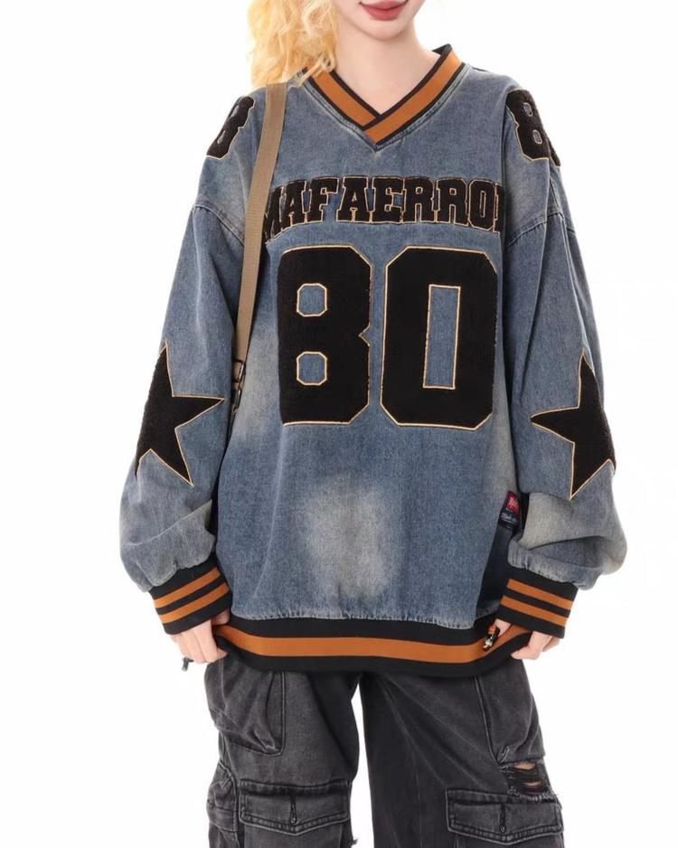 Retro distressed washed denim long sleeves