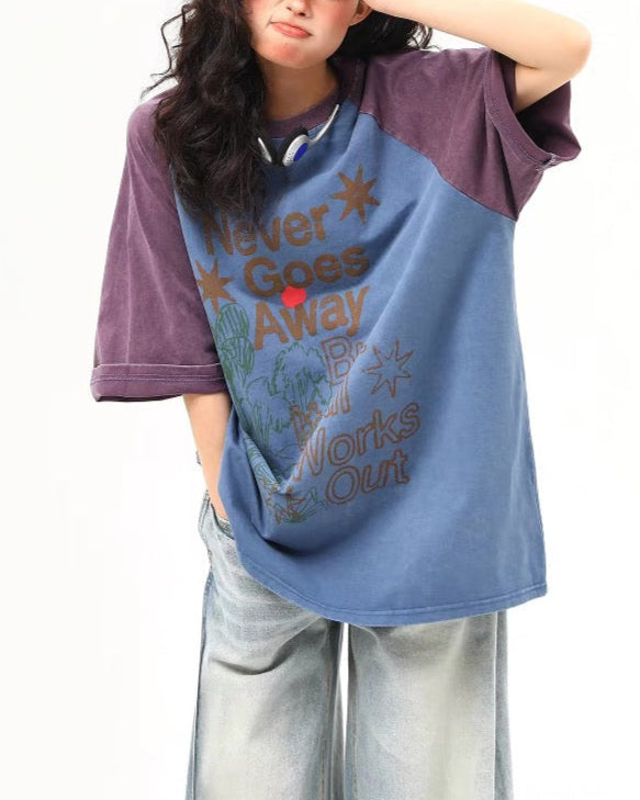 레터 프린트 컬러블록 반팔