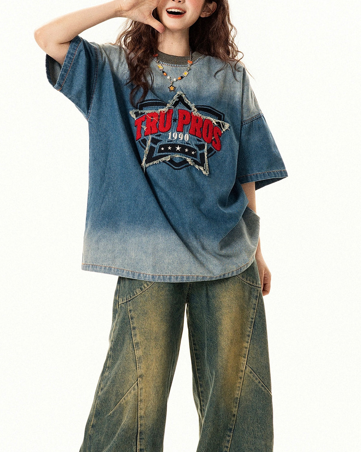 스타 레터 데님 반팔