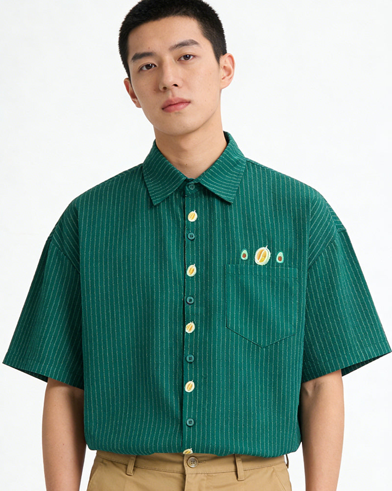 刺綉條紋短袖襯衫