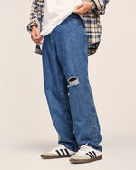 做舊破洞牛仔直筒長褲