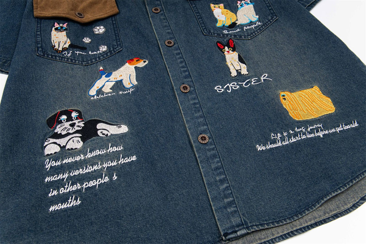 Retro contrast color cartoon short sleeve shirt