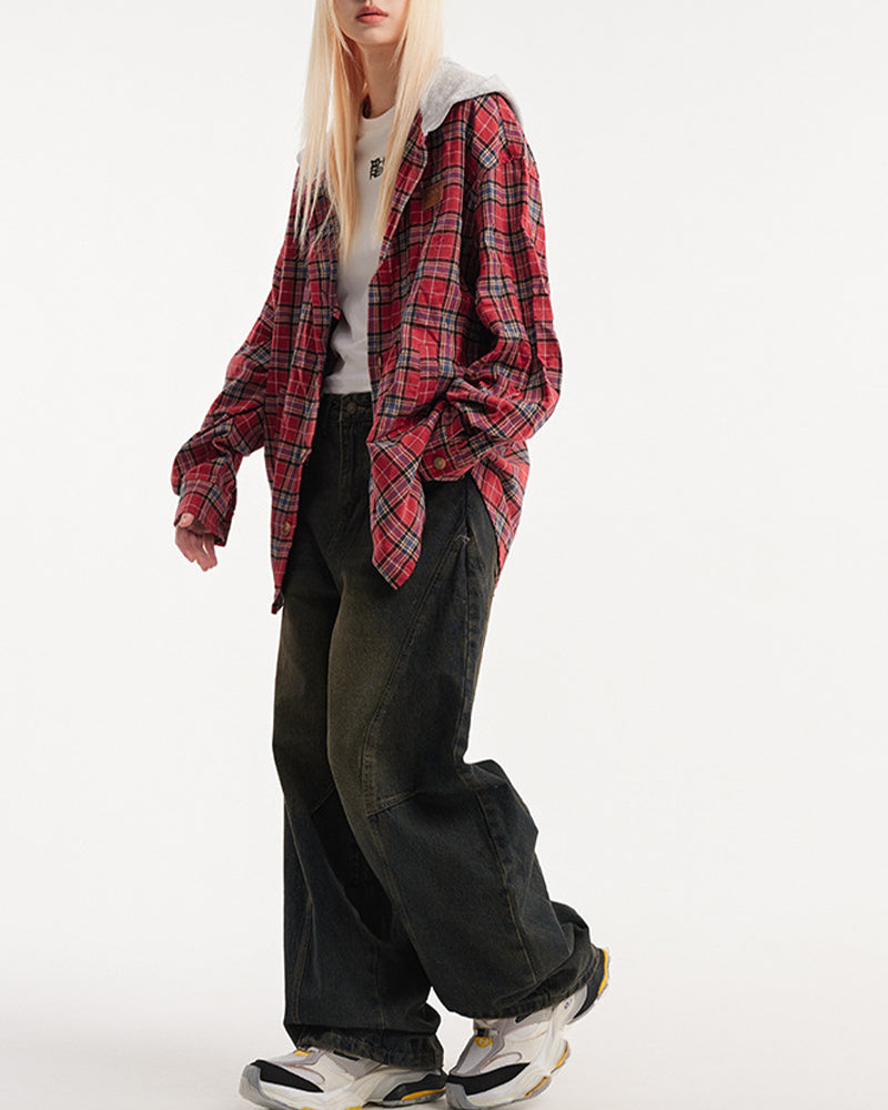 Paneled Check Hooded Shirt