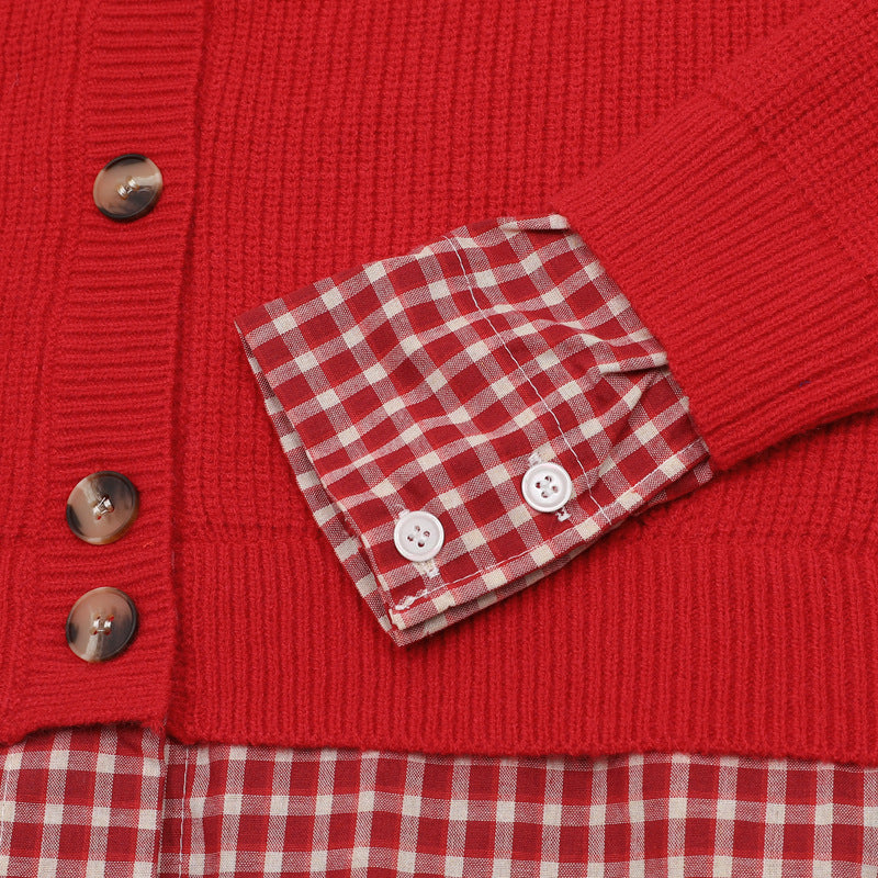 復古短款拼接開衫毛衣