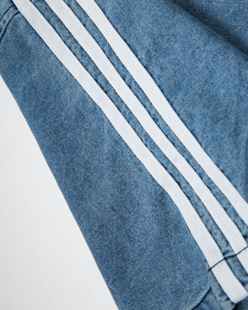 Distressed embroidered denim short-sleeved shirt