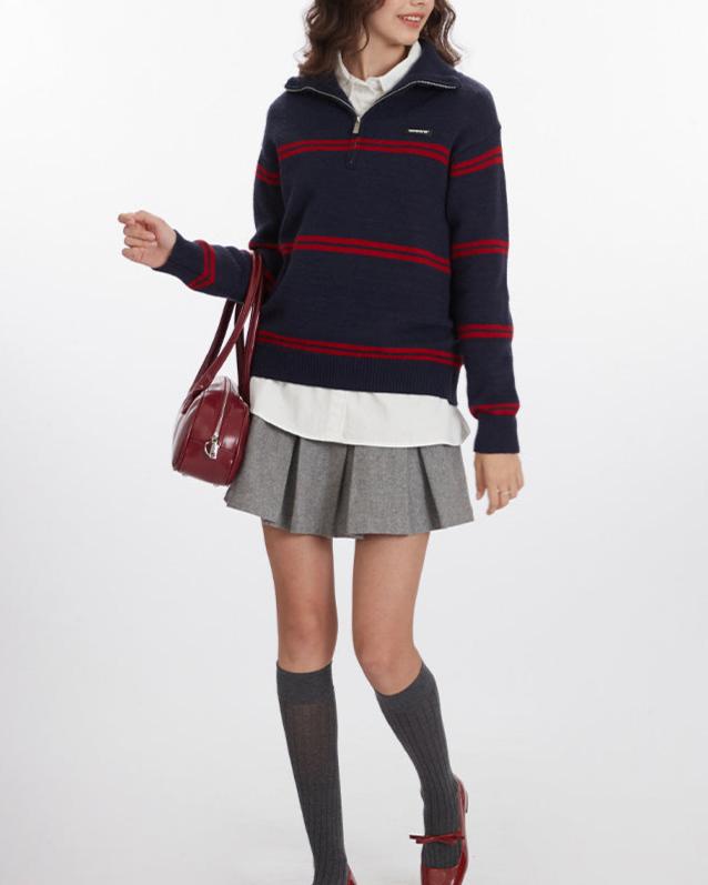 復古翻領半拉鏈毛衣