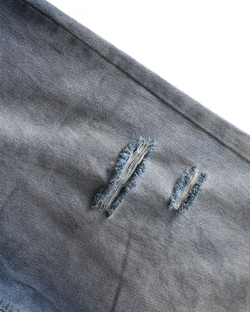 水洗破洞直筒牛仔褲