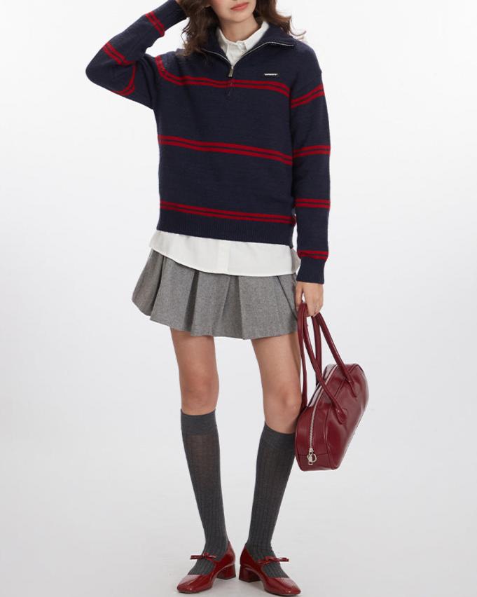 復古翻領半拉鏈毛衣