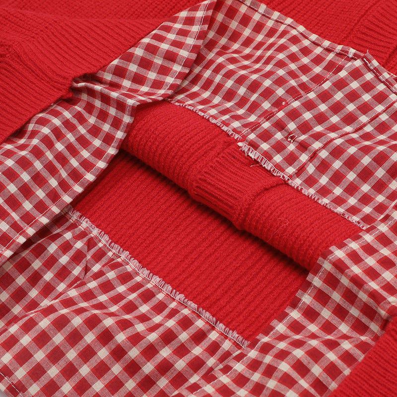 復古短款拼接開衫毛衣