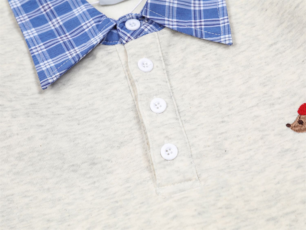 Spliced plaid fake two-piece polo sweatshirt