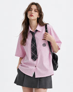Vintage Striped Short Sleeve Shirt with Tie
