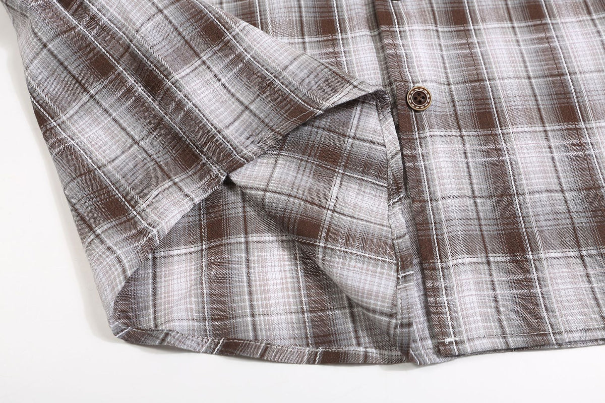 復古純色格子長袖襯衫