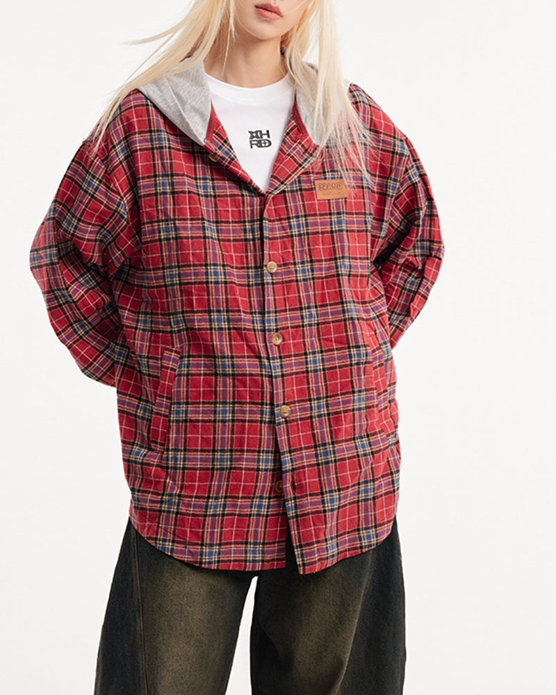 Paneled Check Hooded Shirt