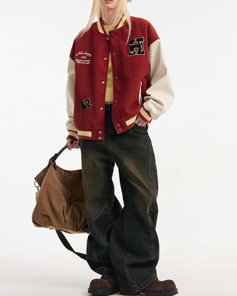 Retro embroidered contrast color baseball jacket