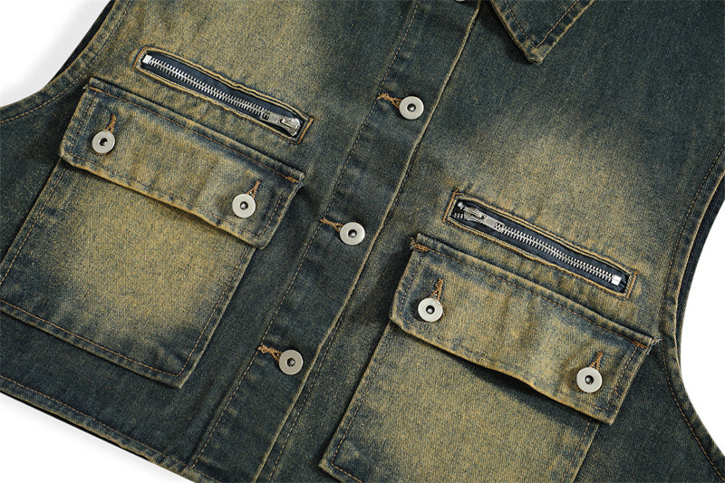 Retro workwear contrast denim vest