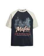 Distressed print color-blocked short-sleeved shirt