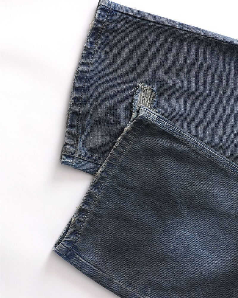 水洗破洞直筒牛仔褲