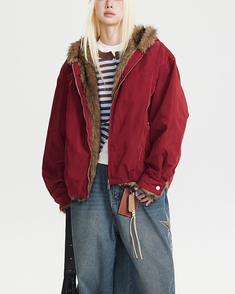 Hooded cotton-padded jacket with fur collar