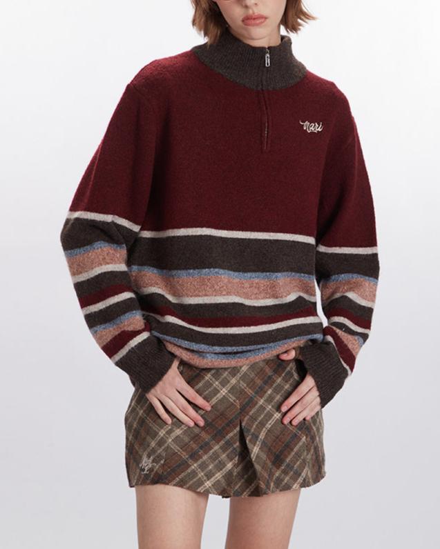 Retro contrast striped crew neck sweater