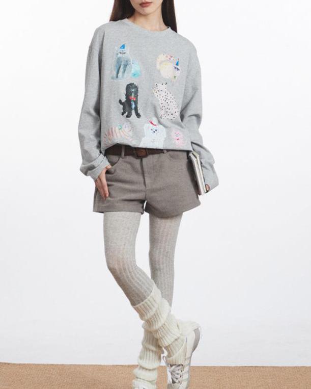 Retro casual cat crew neck top