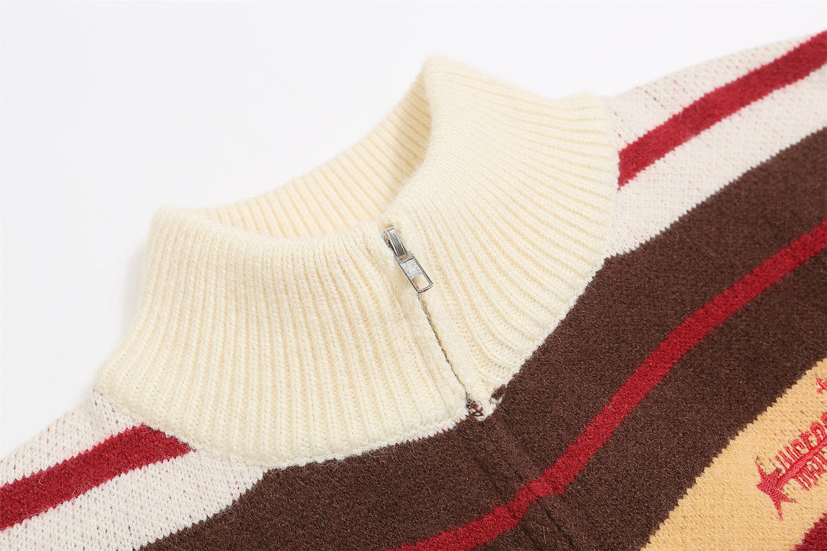 striped stand collar cardigan sweater