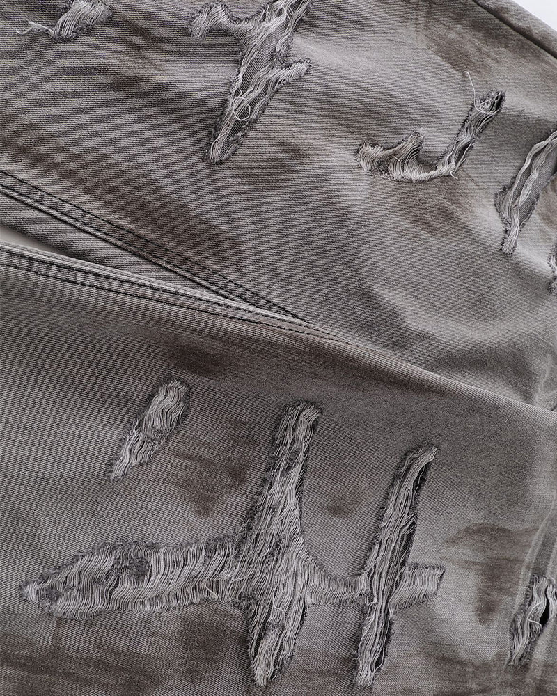 破洞水洗直筒牛仔褲