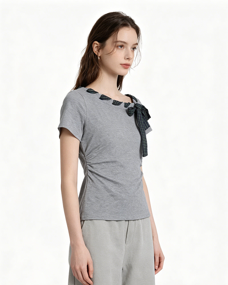 여성용 슬림핏 반팔 티셔츠 (나비넥타이 포함)