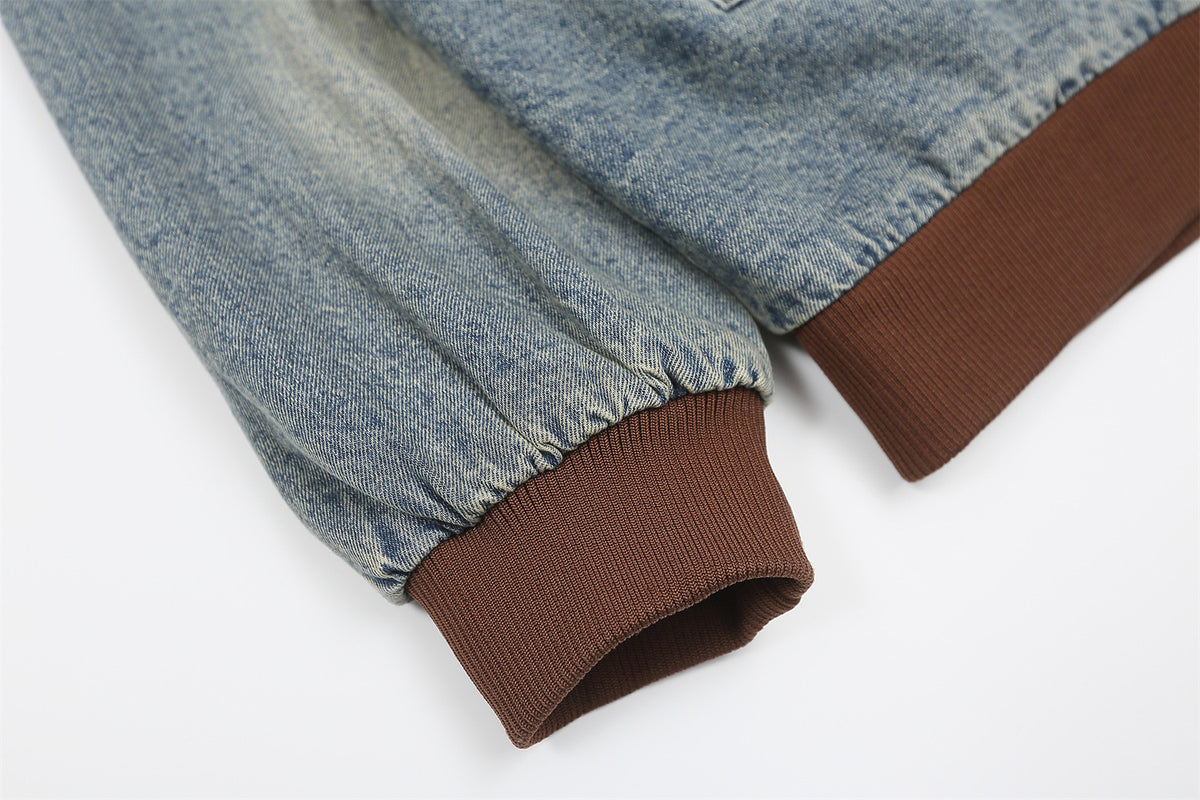 Retro distressed embroidered denim baseball jersey