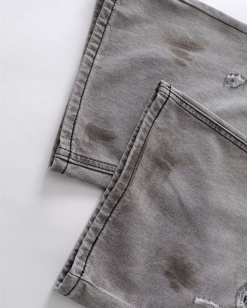 破洞水洗直筒牛仔褲