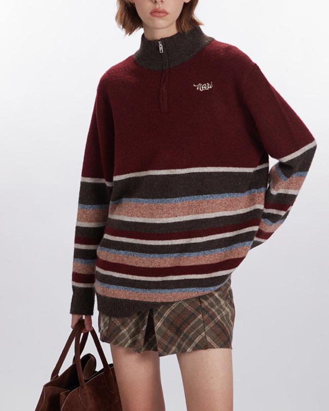 Retro contrast striped crew neck sweater