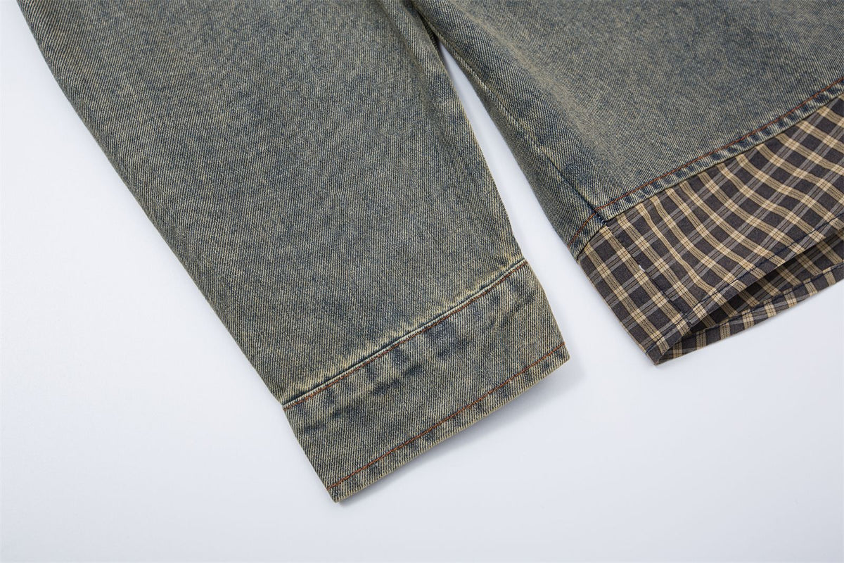 復古格子拼接假兩件牛仔外套