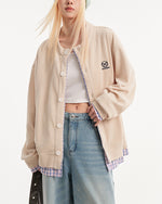 復古格子拼接假兩件開衫