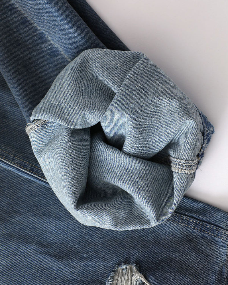 水洗破洞直筒牛仔褲