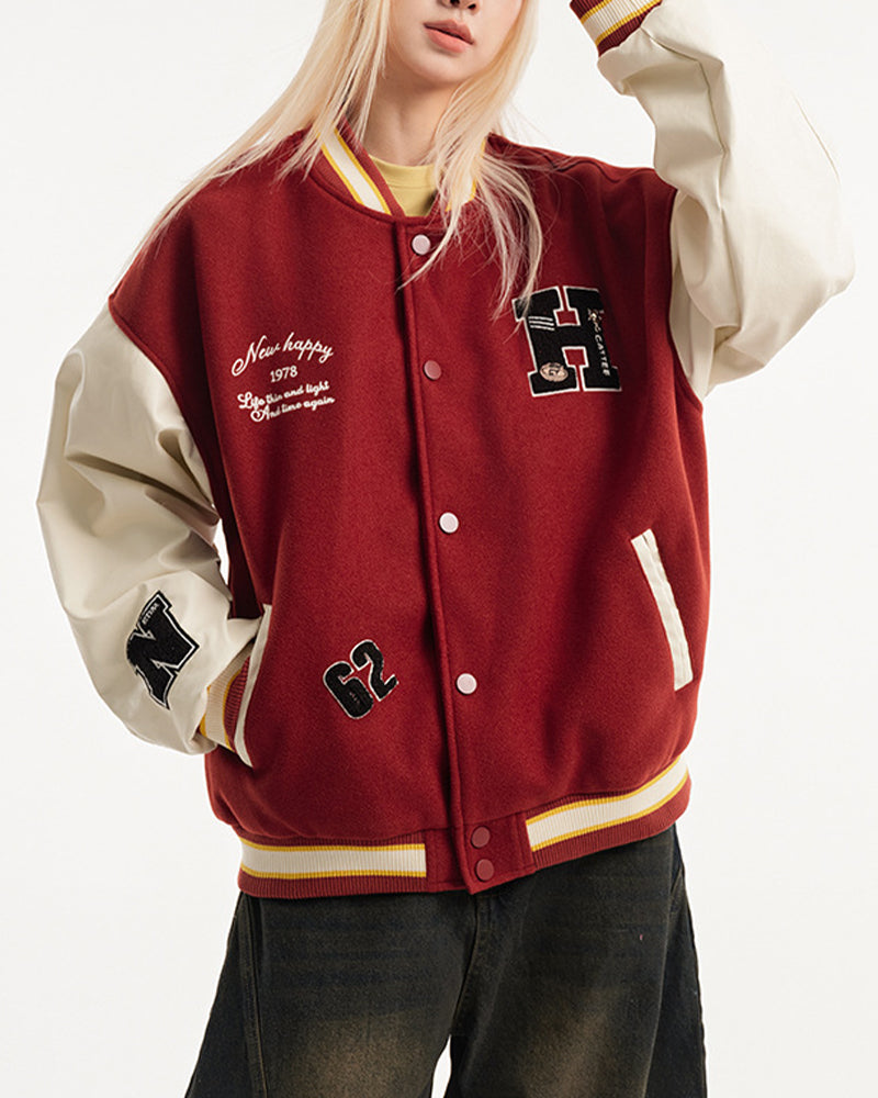 Retro embroidered contrast color baseball jacket