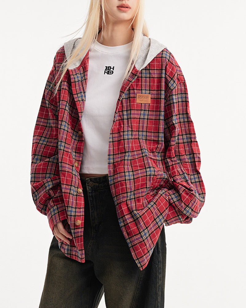 Paneled Check Hooded Shirt