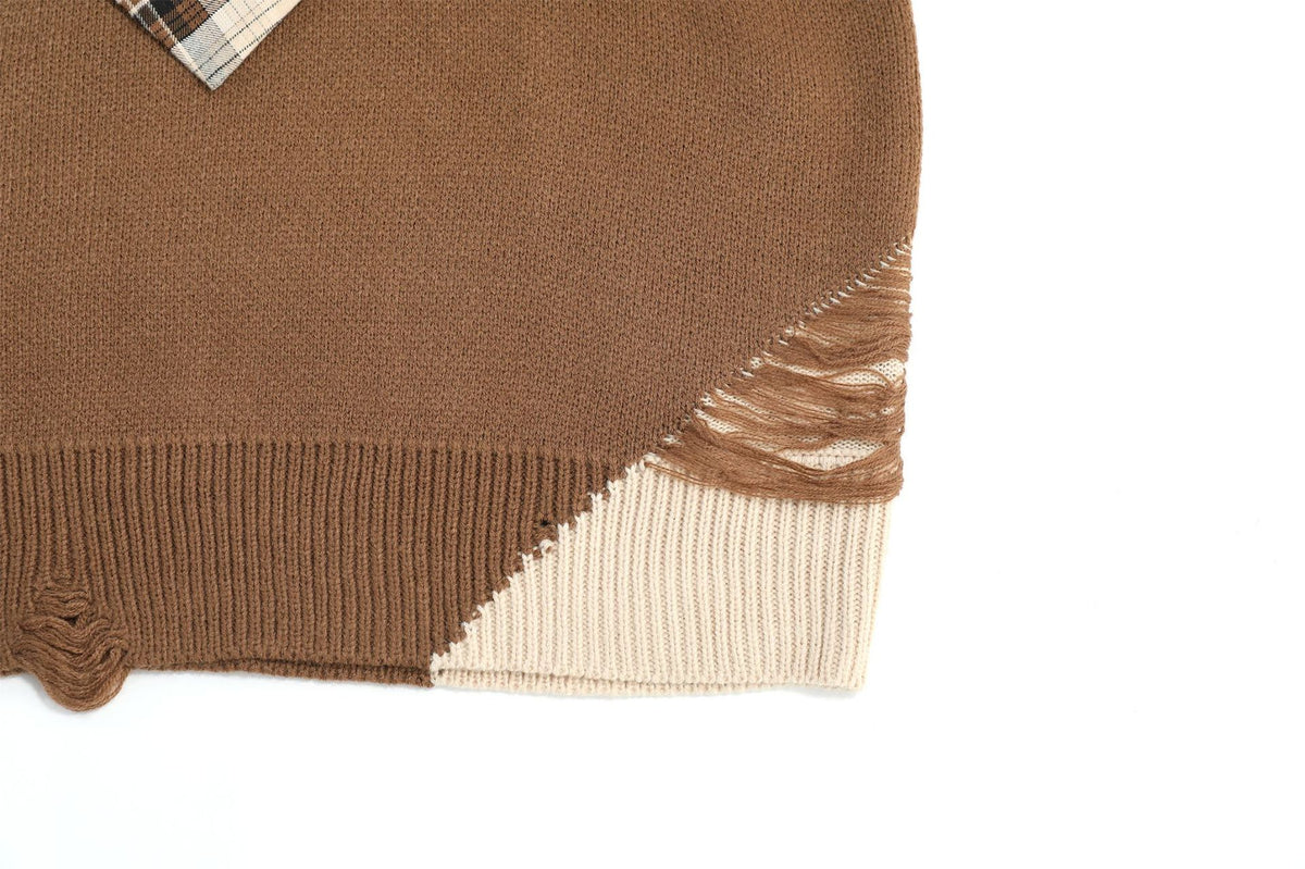 Retro patchwork fake two-piece knitted sweater