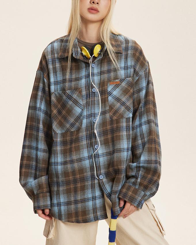 復古格子長袖襯衫