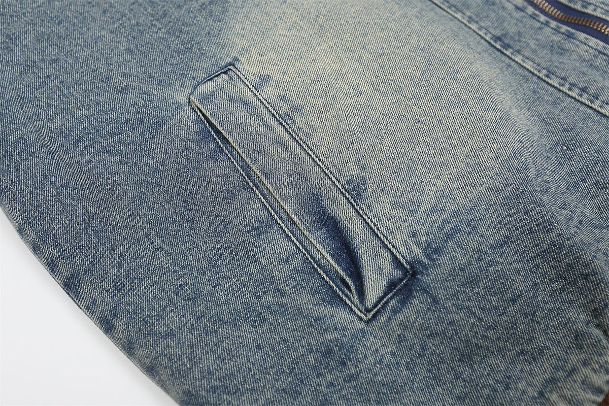 Retro distressed embroidered denim baseball jersey