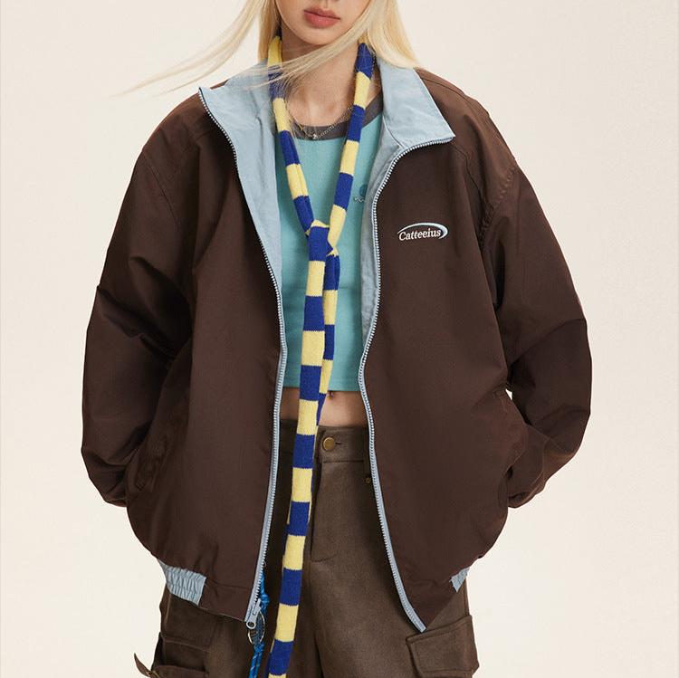 復古兩面穿三條杠撞色外套