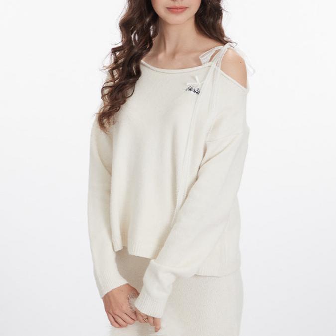 復古寬鬆一字領飄帶毛衣(女款)