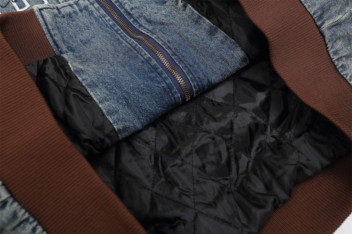 Retro distressed embroidered denim baseball jersey