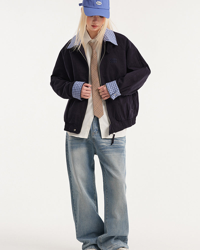 撞色拼接格子外套