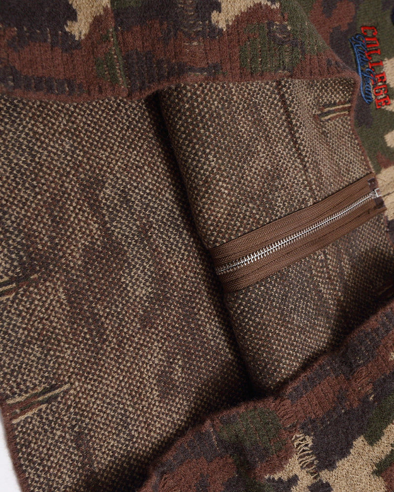 camouflage hooded knit cardigan with fur collar