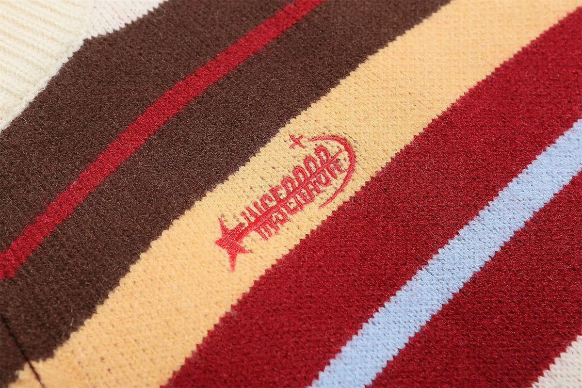 striped stand collar cardigan sweater