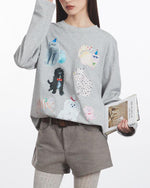 Retro casual cat crew neck top